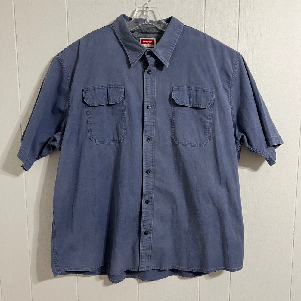 Wrangler Mens Short Sleeve Button Up Shirt 2XLT Blue Cotton Blend Work Casual‎